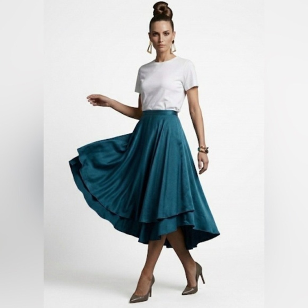 Oh So Tracie Swonke Teal Blue Satin High-Low Circle Skirt One‎ Size Made in USA